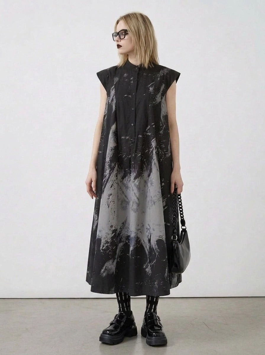 Gothic Sleeveless Tie-Dye Print Dress with Mandarin Collar-SimpleModerne