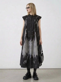 Gothic Sleeveless Tie-Dye Print Dress with Mandarin Collar-SimpleModerne
