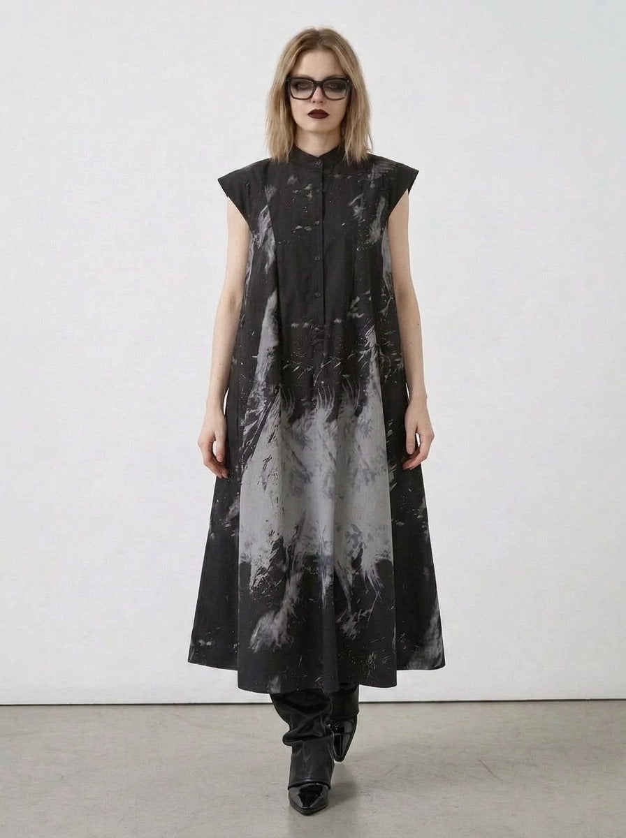 Gothic Sleeveless Tie-Dye Print Dress with Mandarin Collar-SimpleModerne