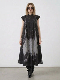Gothic Sleeveless Tie-Dye Print Dress with Mandarin Collar-SimpleModerne