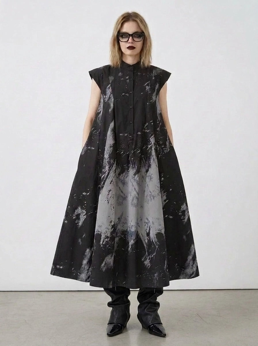 Gothic Sleeveless Tie-Dye Print Dress with Mandarin Collar-SimpleModerne