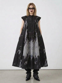 Gothic Sleeveless Tie-Dye Print Dress with Mandarin Collar-SimpleModerne