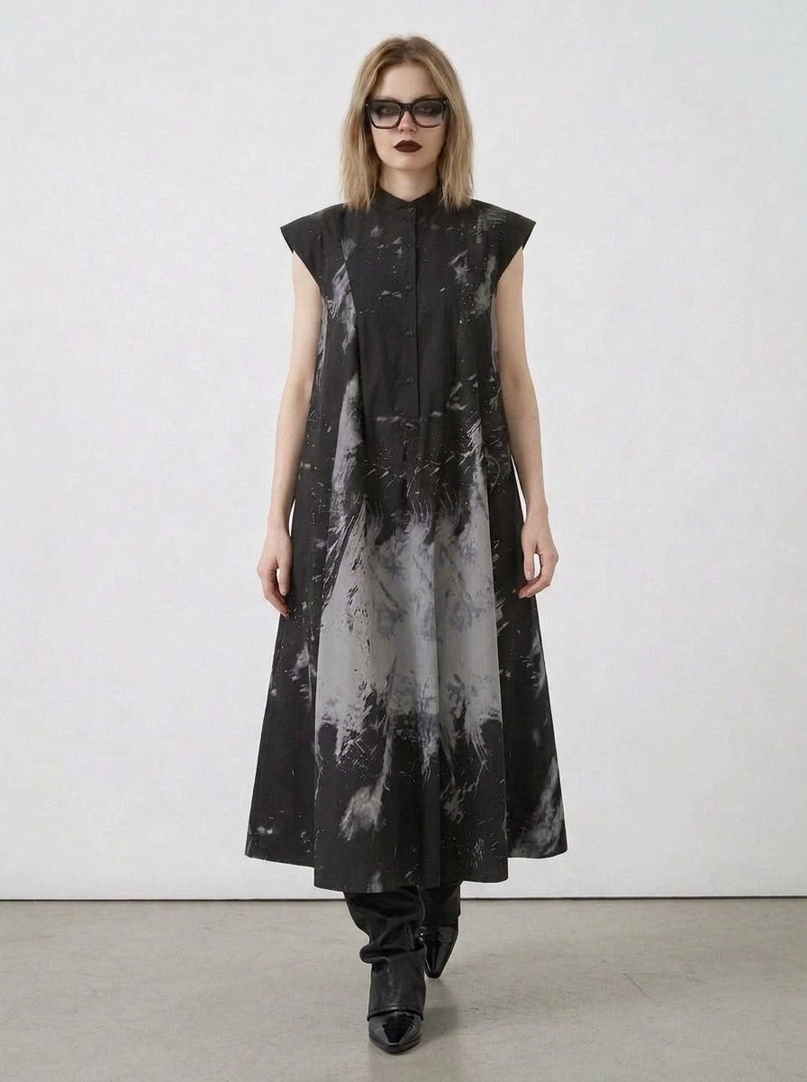 Gothic Sleeveless Tie-Dye Print Dress with Mandarin Collar-SimpleModerne