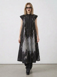 Gothic Sleeveless Tie-Dye Print Dress with Mandarin Collar-SimpleModerne