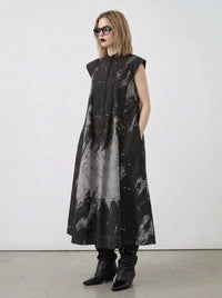 Gothic Sleeveless Tie-Dye Print Dress with Mandarin Collar-SimpleModerne
