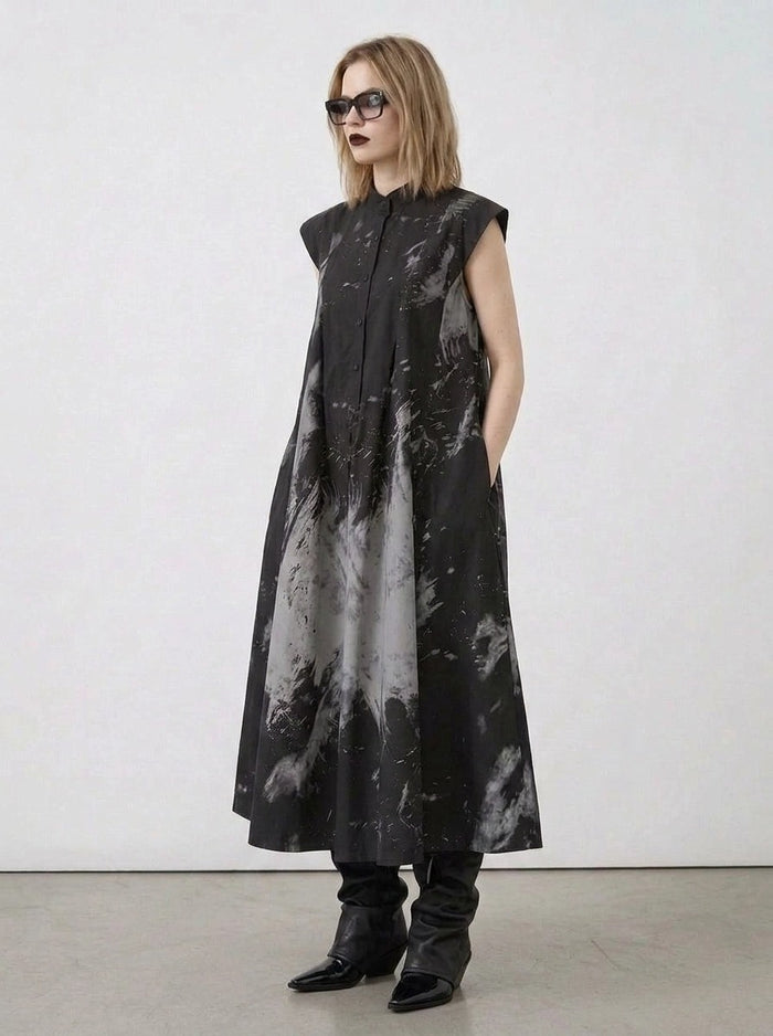 Gothic Sleeveless Tie-Dye Print Dress with Mandarin Collar-SimpleModerne