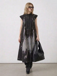 Gothic Sleeveless Tie-Dye Print Dress with Mandarin Collar-SimpleModerne
