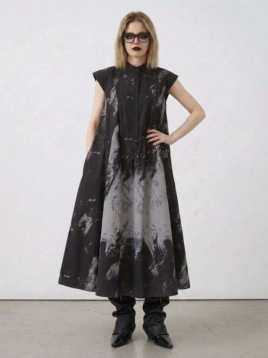 Gothic Sleeveless Tie-Dye Print Dress with Mandarin Collar-SimpleModerne