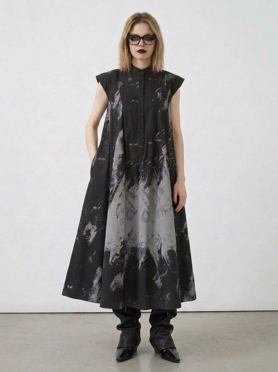 Gothic Sleeveless Tie-Dye Print Dress with Mandarin Collar-SimpleModerne