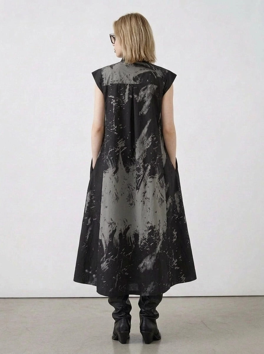 Gothic Sleeveless Tie-Dye Print Dress with Mandarin Collar-SimpleModerne