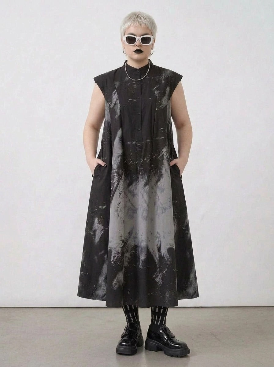 Gothic Sleeveless Tie-Dye Print Dress with Mandarin Collar-SimpleModerne