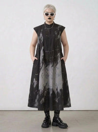 Gothic Sleeveless Tie-Dye Print Dress with Mandarin Collar-SimpleModerne