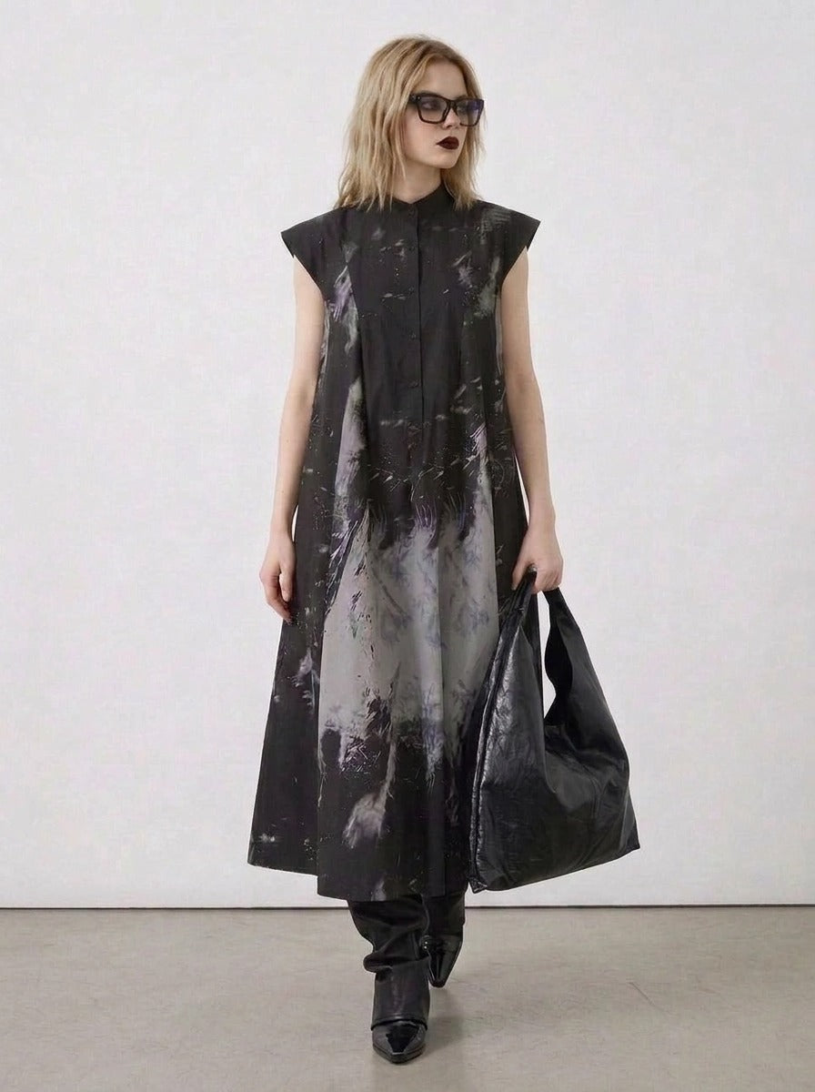 Gothic Sleeveless Tie-Dye Print Dress with Mandarin Collar-SimpleModerne