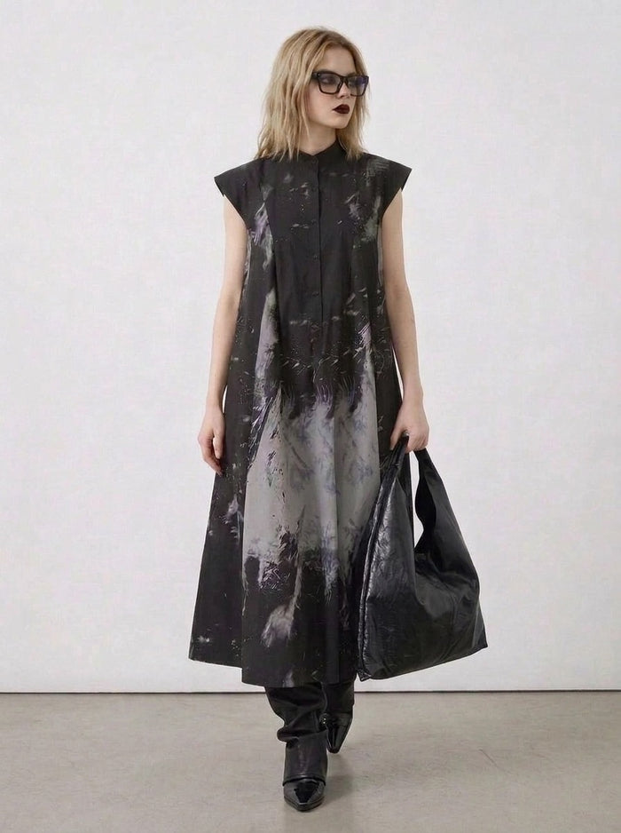 Gothic Sleeveless Tie-Dye Print Dress with Mandarin Collar-SimpleModerne