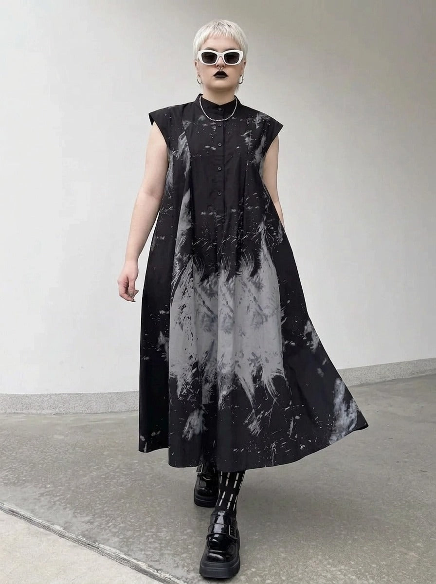 Gothic Sleeveless Tie-Dye Print Dress with Mandarin Collar – SimpleModerne
