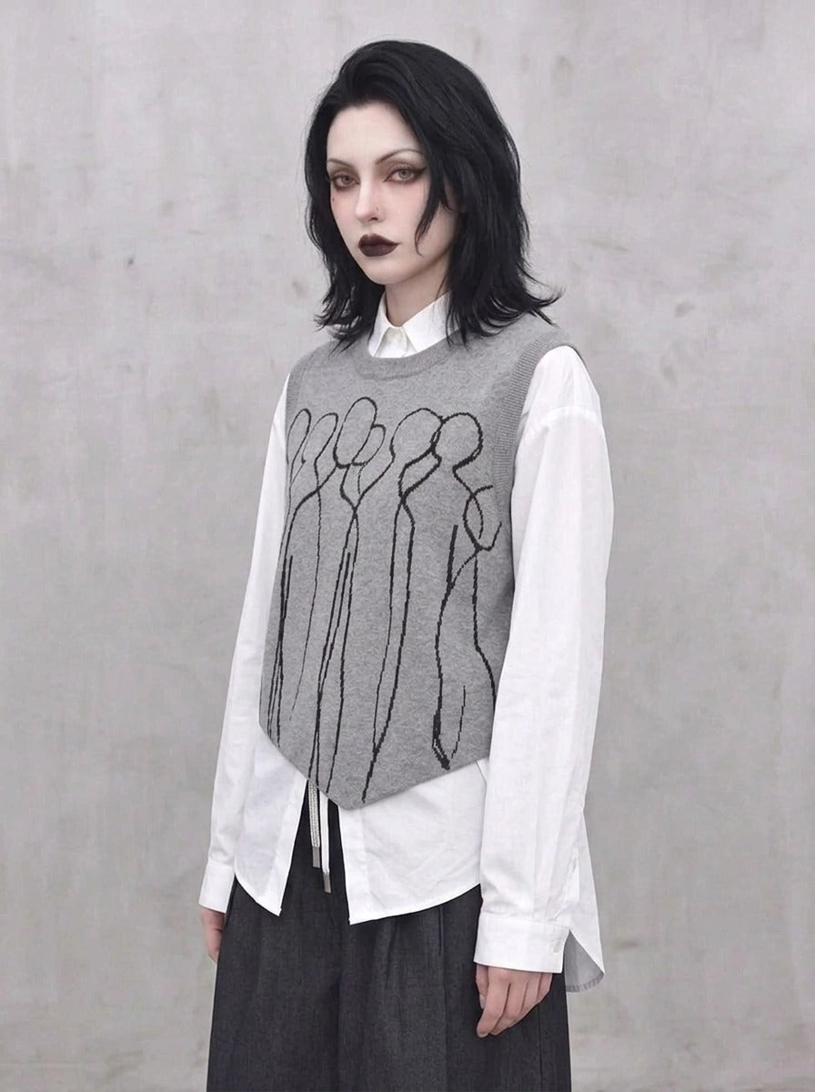 Grey Abstract Figure Knitted Vest | Asymmetric Minimal Goth Layer