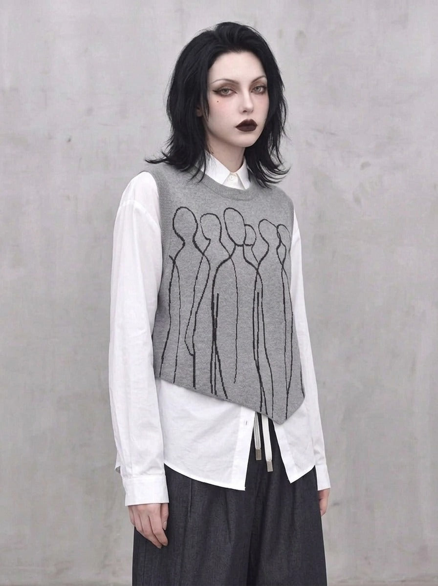 Grey Abstract Figure Knitted Vest | Asymmetric Minimal Goth Layer