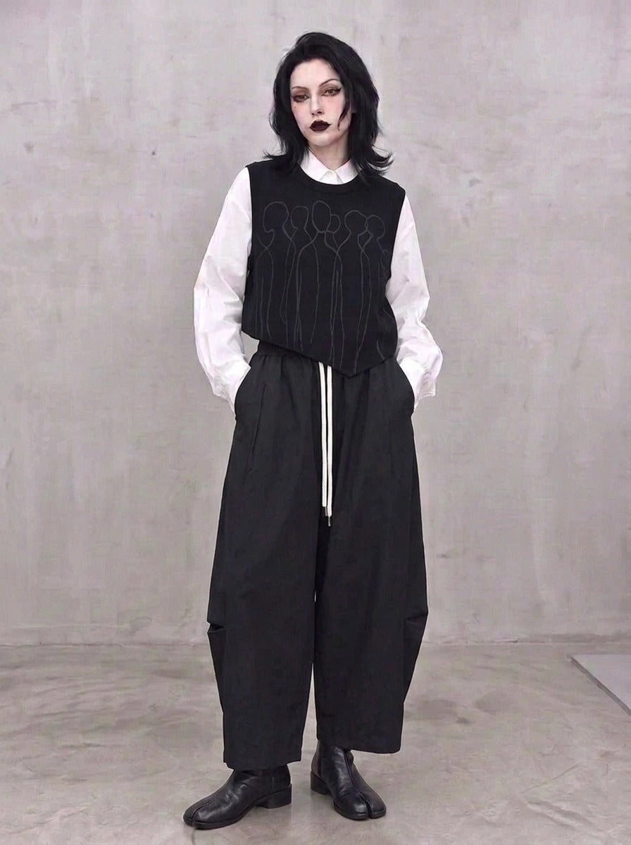 Tonal Figure Knitted Vest – Asymmetric Minimal Goth Sleeveless Knit in Black-SimpleModerne