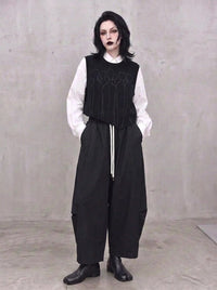 Tonal Figure Knitted Vest – Asymmetric Minimal Goth Sleeveless Knit in Black-SimpleModerne