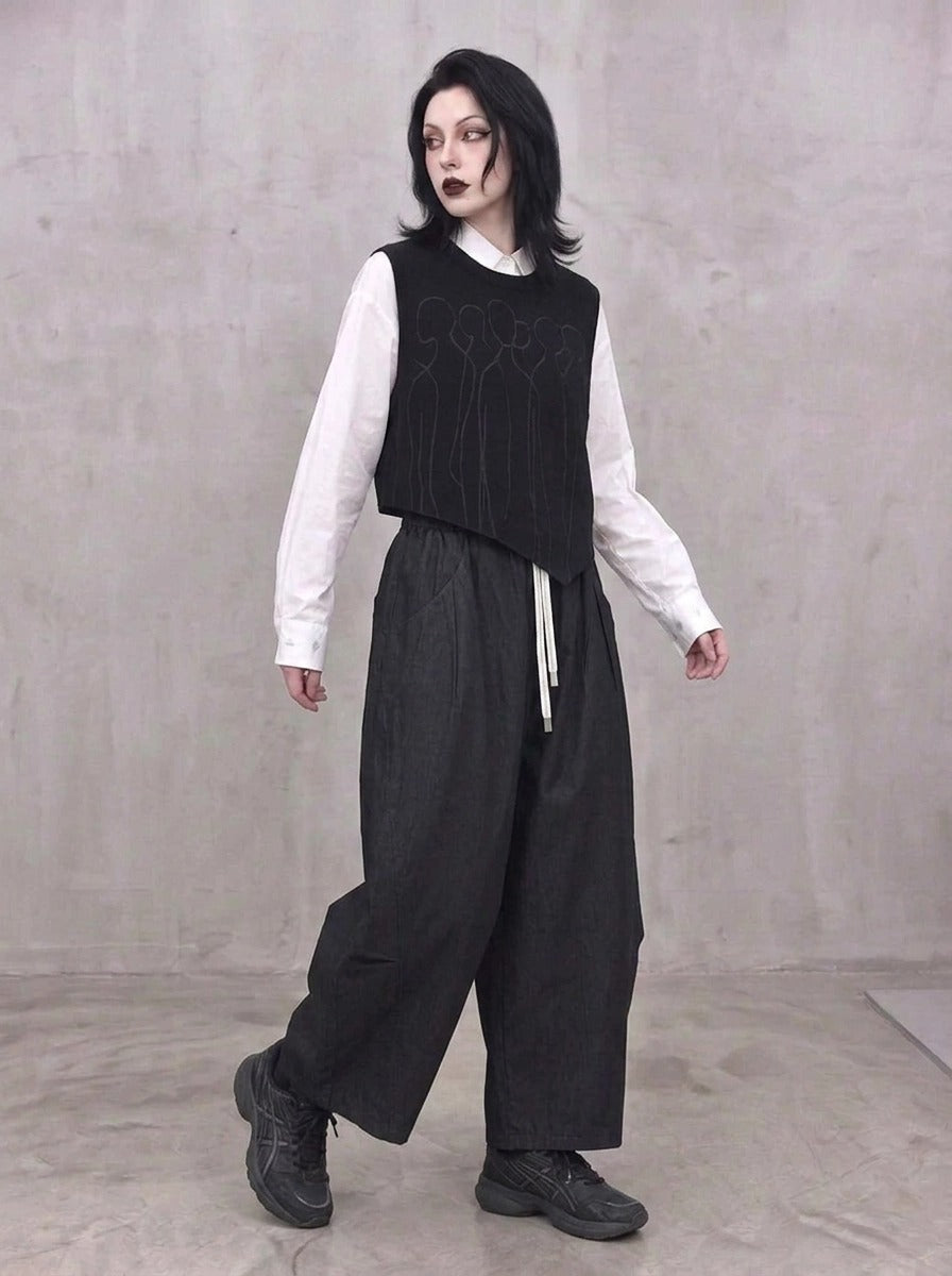 Washed Black Balloon Trousers – Wide Leg Minimal Goth Pants-SimpleModerne