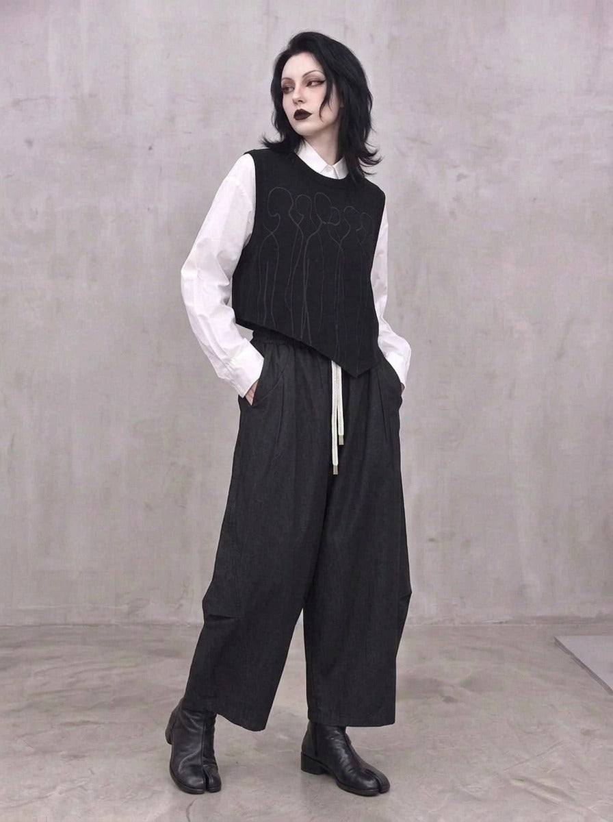 Washed Black Balloon Trousers – Wide Leg Minimal Goth Pants-SimpleModerne