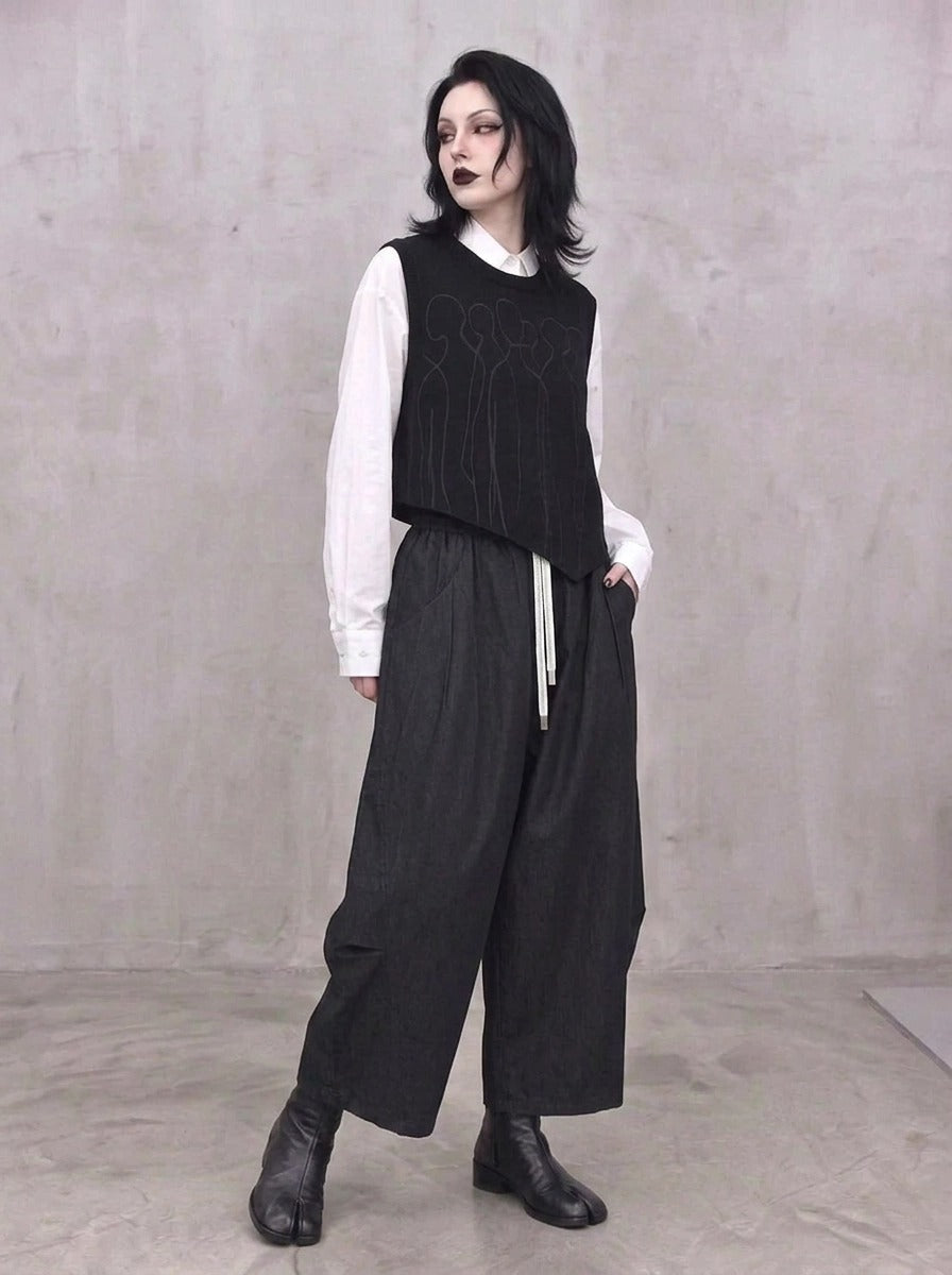 Tonal Figure Knitted Vest – Asymmetric Minimal Goth Sleeveless Knit in Black-SimpleModerne