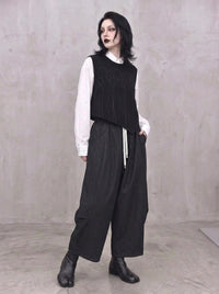 Tonal Figure Knitted Vest – Asymmetric Minimal Goth Sleeveless Knit in Black-SimpleModerne