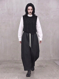 Tonal Figure Knitted Vest – Asymmetric Minimal Goth Sleeveless Knit in Black-SimpleModerne