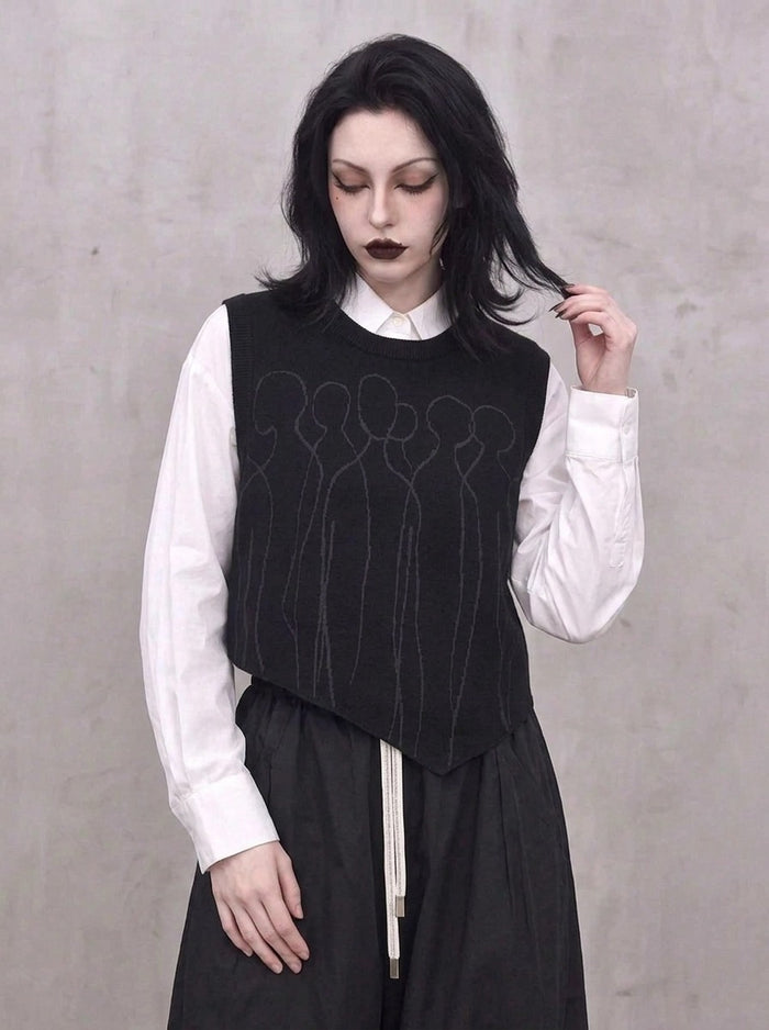 Tonal Figure Knitted Vest – Asymmetric Minimal Goth Sleeveless Knit in Black-SimpleModerne