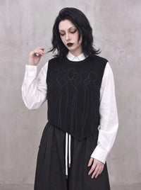 Tonal Figure Knitted Vest – Asymmetric Minimal Goth Sleeveless Knit in Black-SimpleModerne