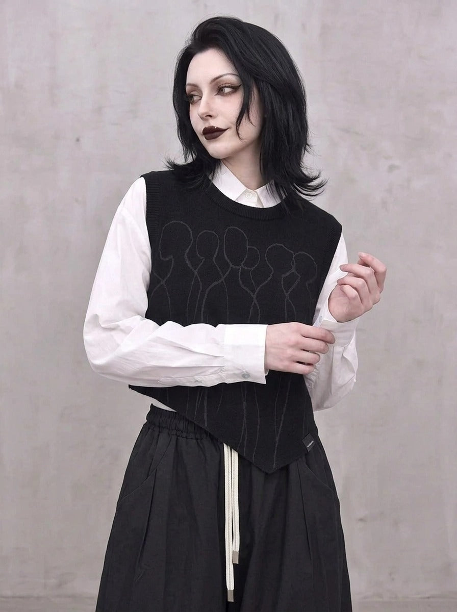 Tonal Figure Knitted Vest – Asymmetric Minimal Goth Sleeveless Knit in Black-SimpleModerne