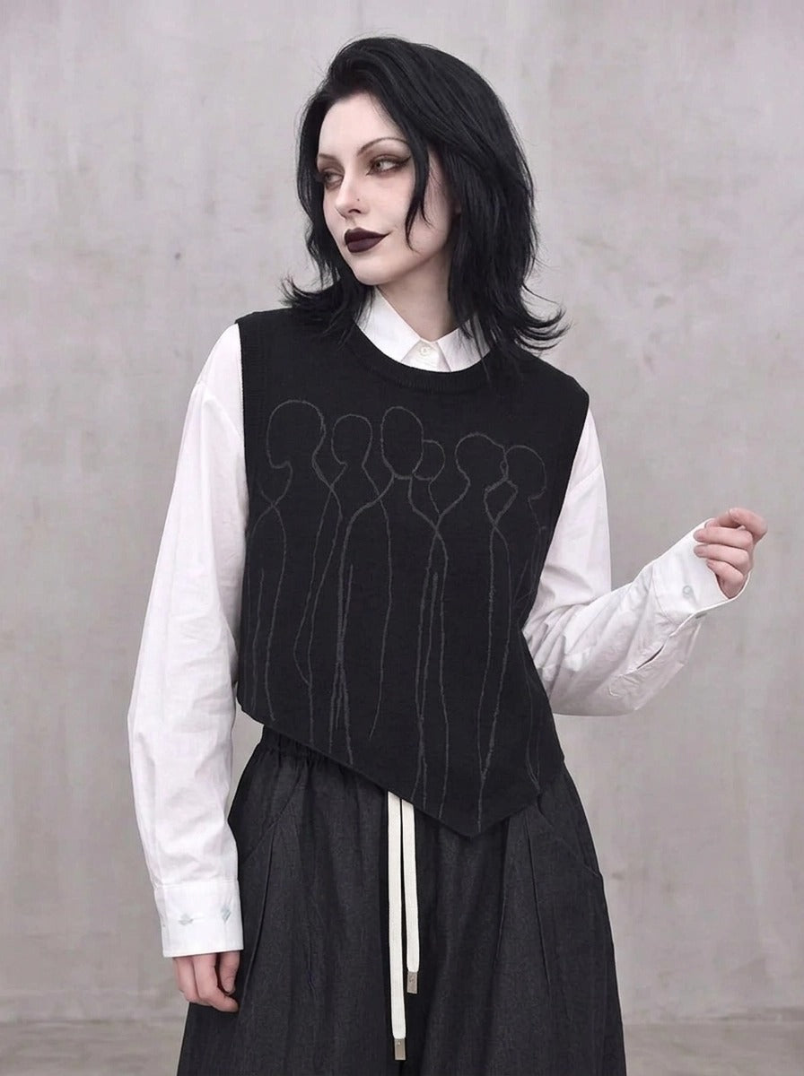 Tonal Figure Knitted Vest – Asymmetric Minimal Goth Sleeveless Knit in Black-SimpleModerne