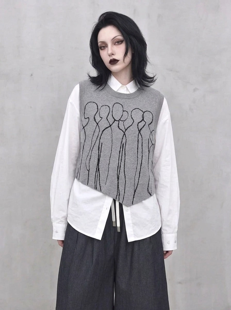 Grey Abstract Figure Knitted Vest | Asymmetric Minimal Goth Layer