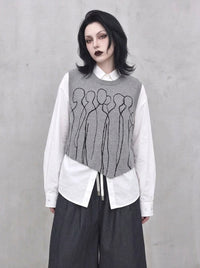 Grey Abstract Figure Knitted Vest | Asymmetric Minimal Goth Layer