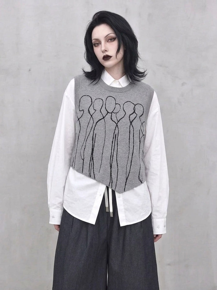 Grey Abstract Figure Knitted Vest | Asymmetric Minimal Goth Layer-SimpleModerne