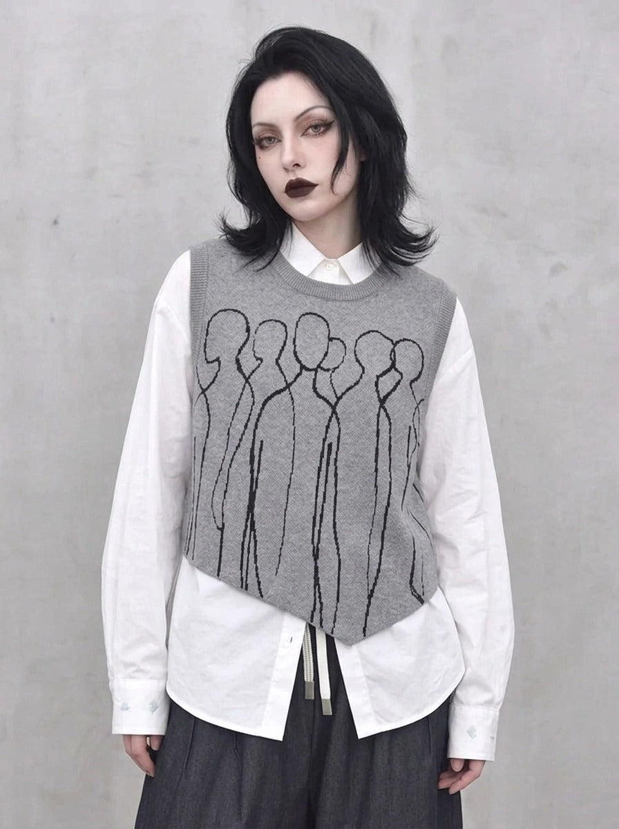 Grey Abstract Figure Knitted Vest | Asymmetric Minimal Goth Layer