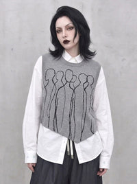 Grey Abstract Figure Knitted Vest | Asymmetric Minimal Goth Layer