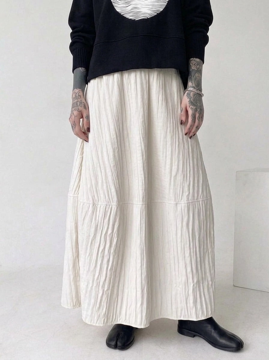Ivory Crinkle Maxi Skirt | Voluminous Minimalist A-Line Skirt