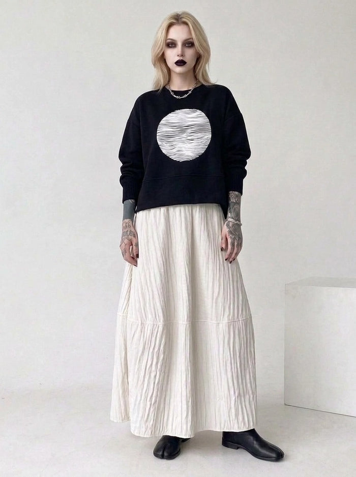 Black Graphic Zip-Back Pullover | Minimal Goth Oversized Sweatshirt