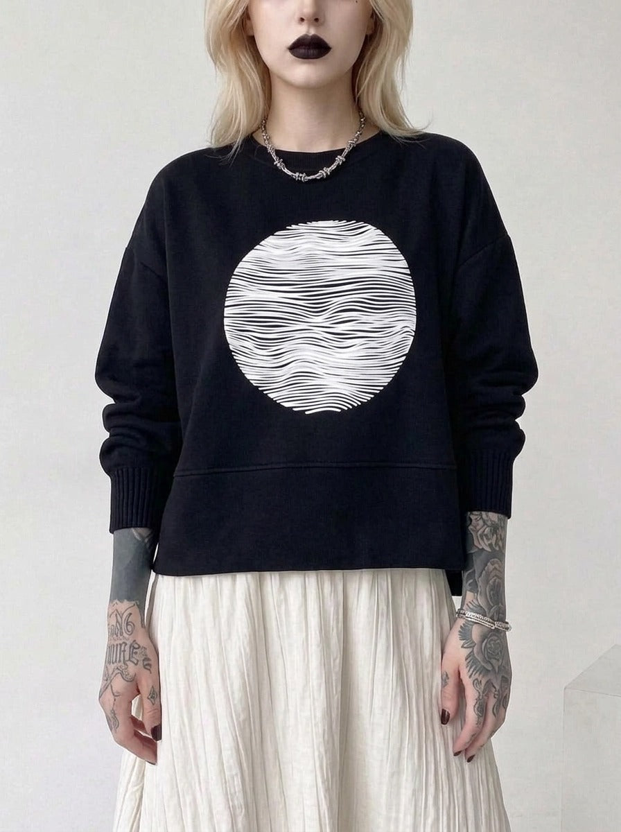 Black Graphic Zip-Back Pullover | Minimal Goth Oversized Sweatshirt