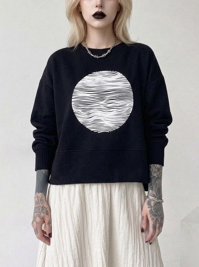 Black Graphic Zip-Back Pullover | Minimal Goth Oversized Sweatshirt