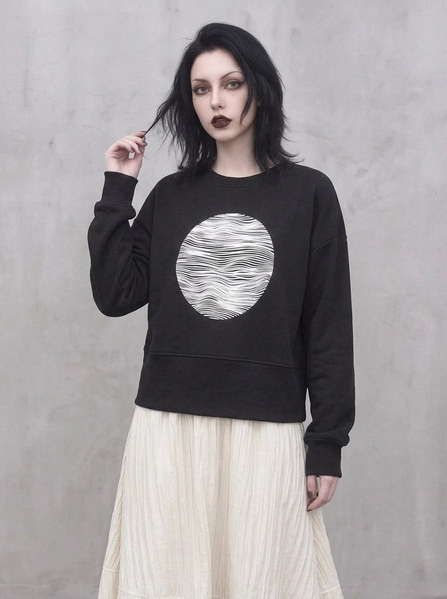 Black Graphic Zip-Back Pullover | Minimal Goth Oversized Sweatshirt