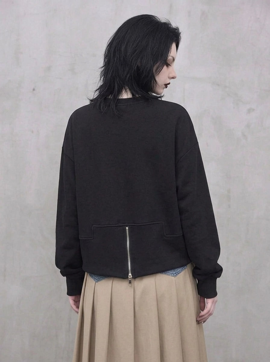 Black Graphic Zip-Back Pullover | Minimal Goth Oversized Sweatshirt