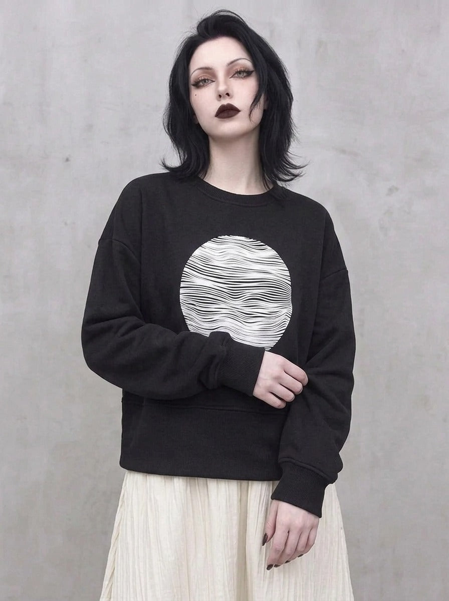 Black Graphic Zip-Back Pullover | Minimal Goth Oversized Sweatshirt