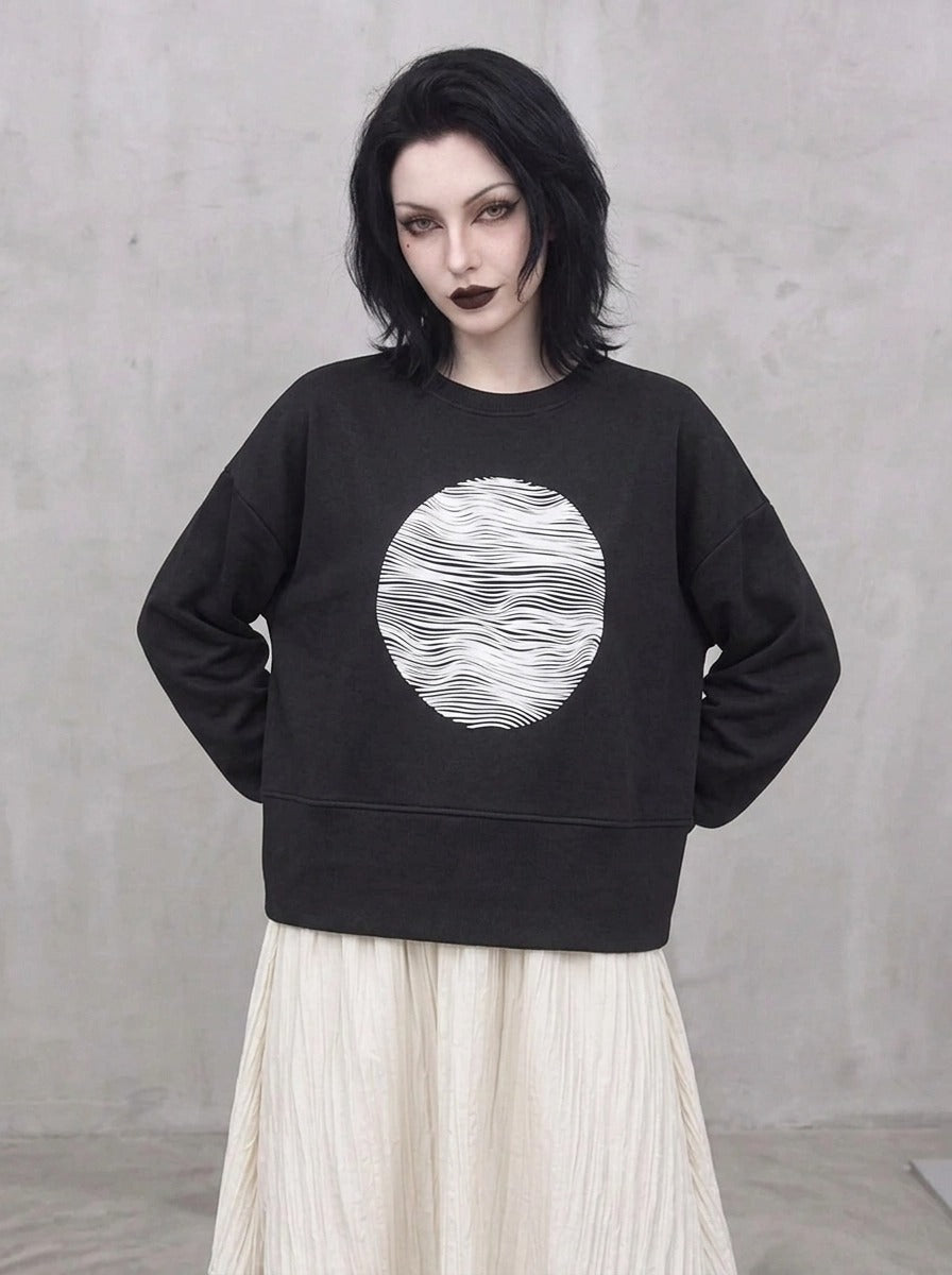 Black Graphic Zip-Back Pullover | Minimal Goth Oversized Sweatshirt