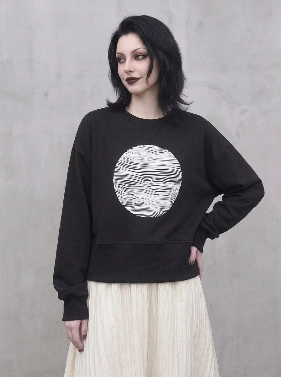 Black Graphic Zip-Back Pullover | Minimal Goth Oversized Sweatshirt
