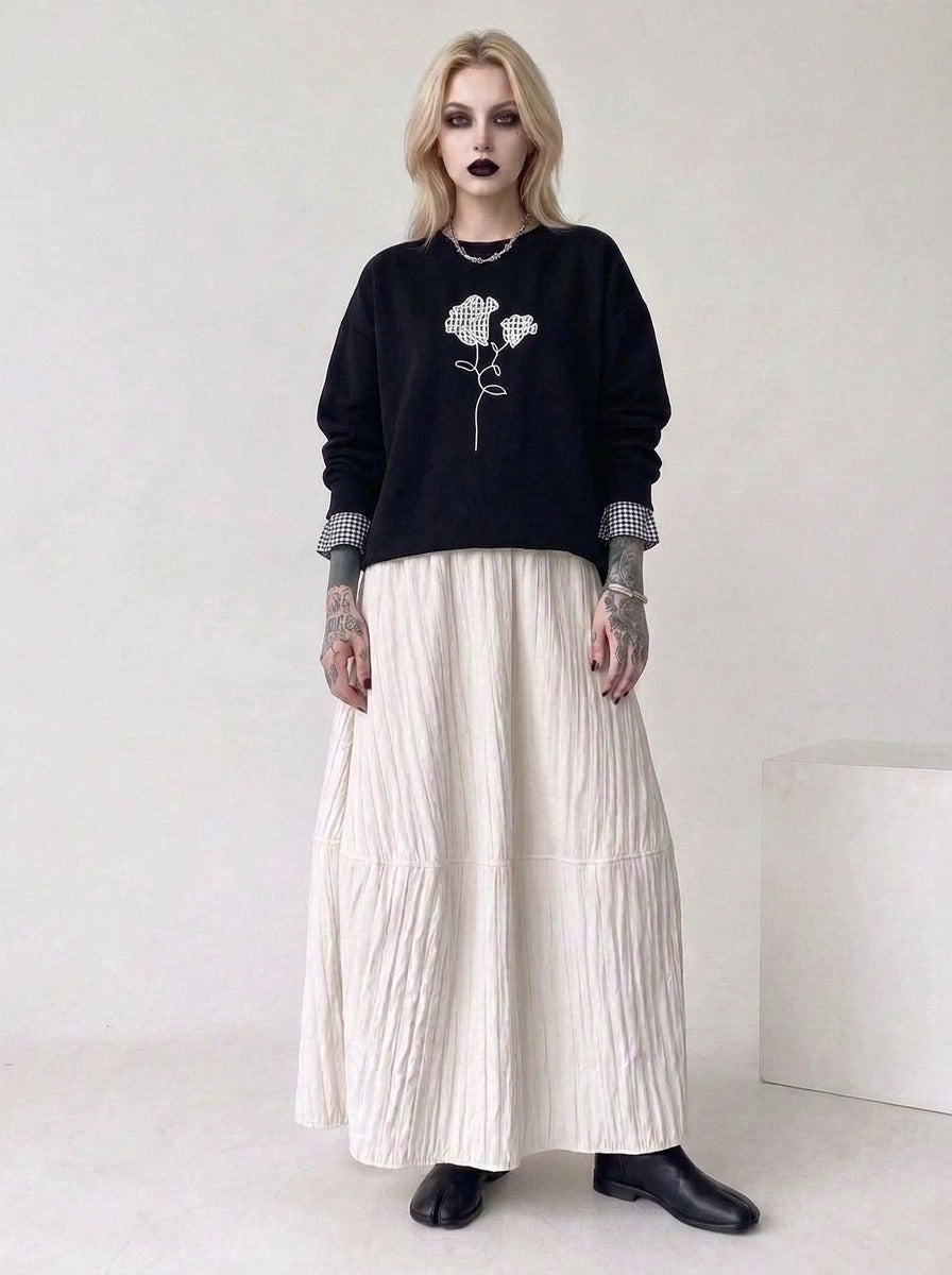 Black Gingham Rose Pullover | Relaxed Alternative Sweatshirt