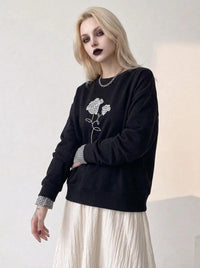 Black Gingham Rose Pullover | Relaxed Alternative Sweatshirt