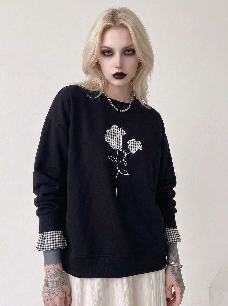 Black Gingham Rose Pullover | Relaxed Alternative Sweatshirt