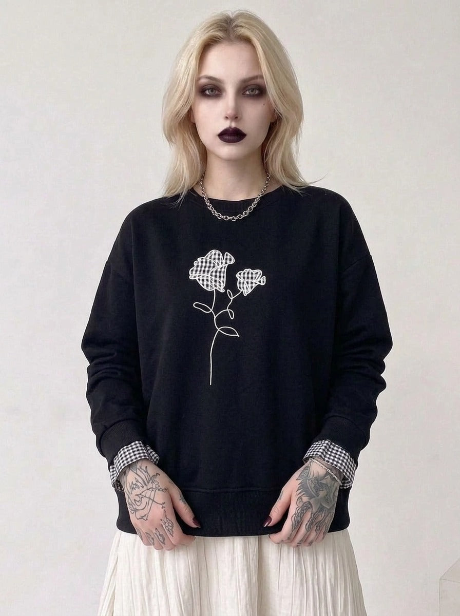 Black Gingham Rose Pullover | Relaxed Alternative Sweatshirt